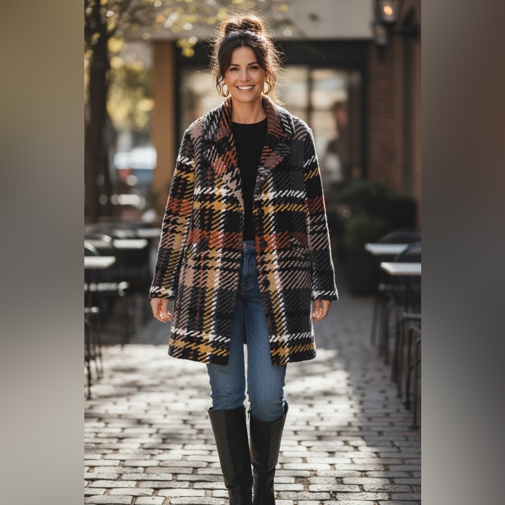 NWOT CHARLIE‎ B straight cut plaid bouclé knit coat lined black/gold/browns Sz L